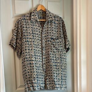 Robert Stock Men's M 100% Silk Vintage Teal Tan Patterned Button Down Shirt